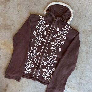 Tiara International Vintage Brown Floral Embroidered Zip Up Sweater Sherpa Trim